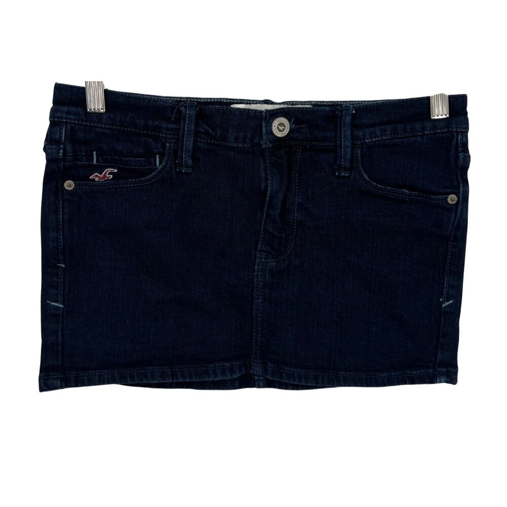 Hollister Women Dark Denim Jean Mini Skirt W25 Raw Hem Stretch Cotton Size 1 - Picture 1 of 7